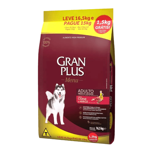 Ração Granplus Para Cão Adulto Sabor Carne E Arroz 15Kg + 1,5Kg Grátis - 2033255