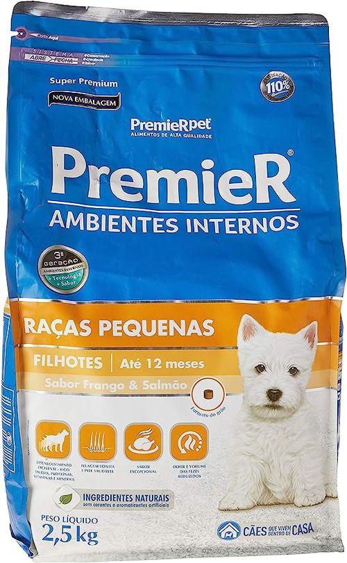 Ração Premier Ambientes Internos Para Cães Filhotes Raça Pequena Sabor Frango E Salmão 2,5Kg - 2035036