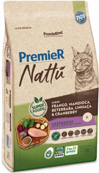 Ração Premier Nattu Para Gato Castrado Sabor Mandioca 1,5Kg - 2043411